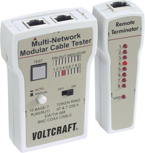 Koax kábel teszter, UTP, LAN hálózati kábel teszter RJ45, BNC csatlakozókhoz, kábelekhez Voltcraft C