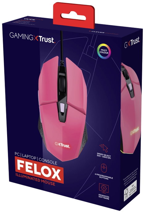 Trust GXT109P FELOX Gamer egér Vezetékes Optikai Rózsaszín 6 Gombok 6400 dpi Világít 6. kép