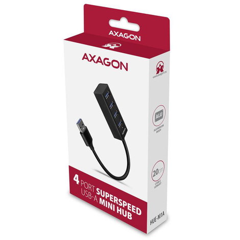 AXAGON AXAGON HUE-M1A Superspeed USB-A Mini Hub, 4x USB 3.0 - 20cm, schwarz 4 port USB 3.0 hub Feket 3. kép