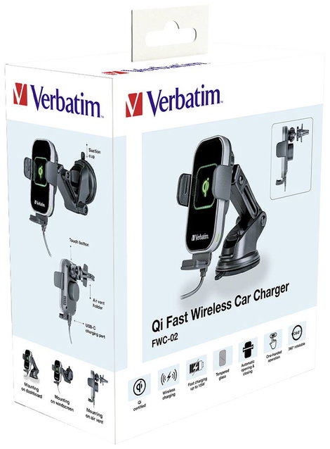 Verbatim FWC-02 Qi Fast Wireless Car Charger Induktív töltőállomás USB Fekete 4. kép
