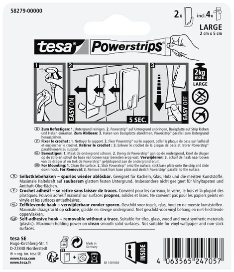 tesa Black Hooks L Powerstrips öntapadó horog nagy négyzet alakú Fekete 3. kép