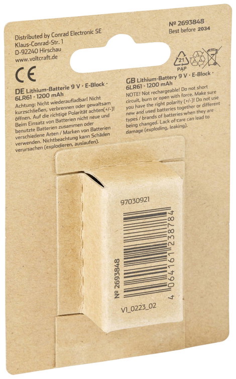 VOLTCRAFT VC-9V-Li-1200mAh 9V-os elem Lítium 1200 mAh 9 V 1 db 3. kép