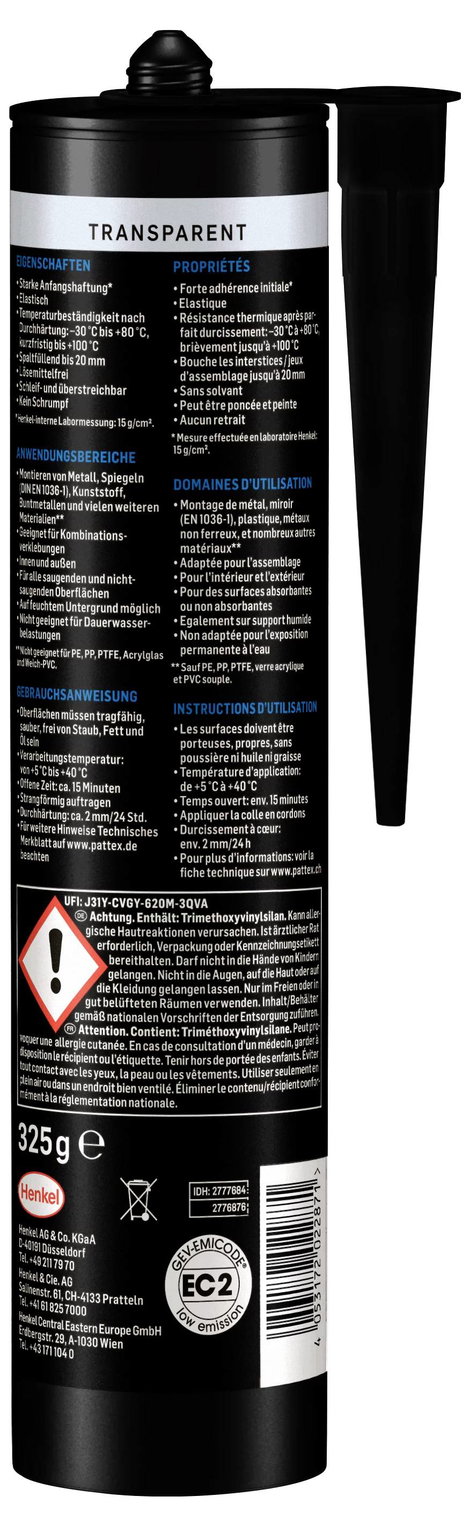 Pattex Metall Építési-szerelési ragasztó Gyártói szín Átlátszó PTRTR 1 db 2. kép