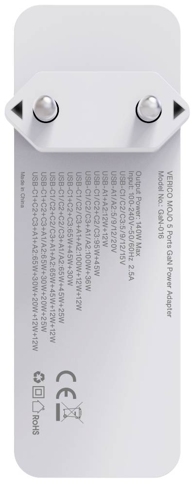 Verico Mojo 140W GaN 5 USB-s töltőkészülék 140 W Aljzat dugó Kimeneti áram (max.) 3250 mA Kimenetek  5. kép