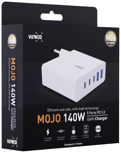Verico Mojo 140W GaN 5 USB-s töltőkészülék 140 W Aljzat dugó Kimeneti áram (max.) 3250 mA Kimenetek  8. kép