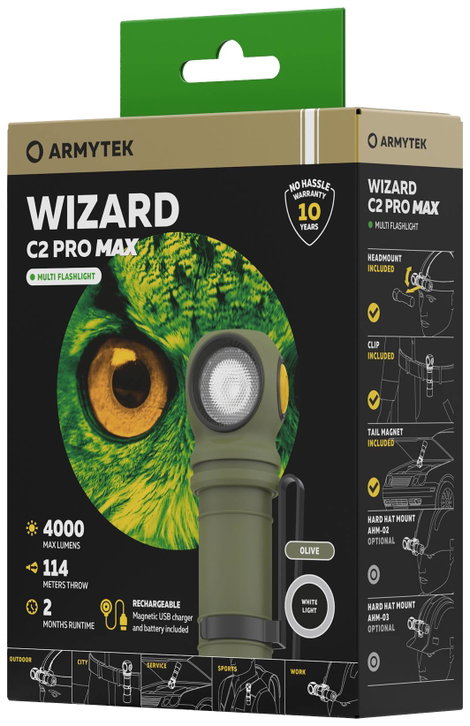ArmyTek Wizard C2 Pro Max Olive White LED Kézilámpa Övcsíptetővel, Tokkal Akkuról üzemeltetett 4000  5. kép
