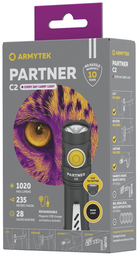 ArmyTek Partner C2 Magnet USB Warm LED Kézilámpa Övcsíptetővel, Tokkal Akkuról üzemeltetett 1020 lm  4. kép