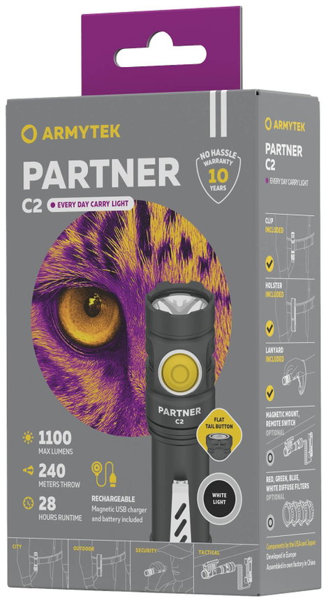 ArmyTek Partner C2 Magnet USB White LED Kézilámpa Övcsíptetővel, Tokkal Akkuról üzemeltetett 1100 lm 4. kép