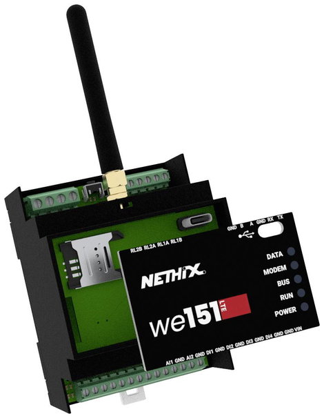 Nethix 90.01.010 WE151 LTE Adatgyűjtő modul Bemenetek: 2 x Kimenetek száma: 2 x 32 V/DC 1 db 2. kép