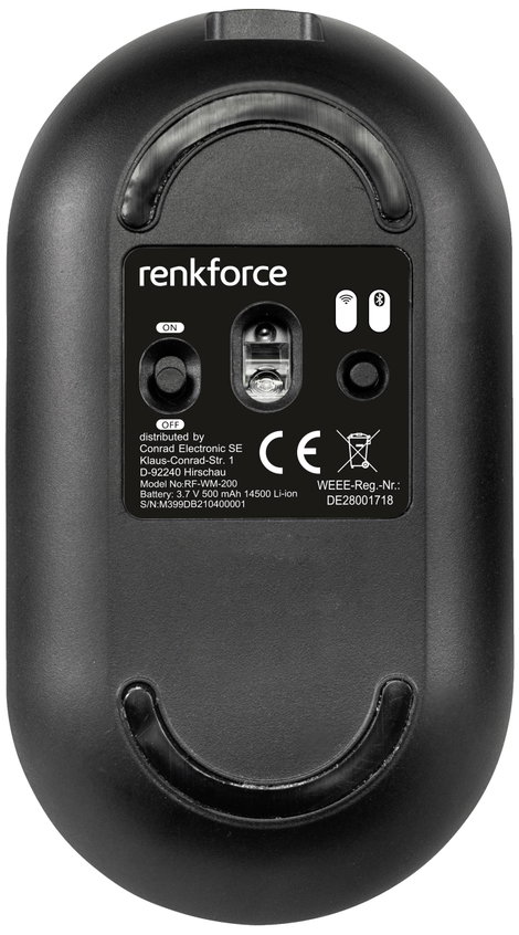 Renkforce RF-WM-200 WLAN egér Vezeték nélküli, Bluetooth™ Optikai Fekete 3 Gombok 800 dpi, 1200 dpi, 3. kép