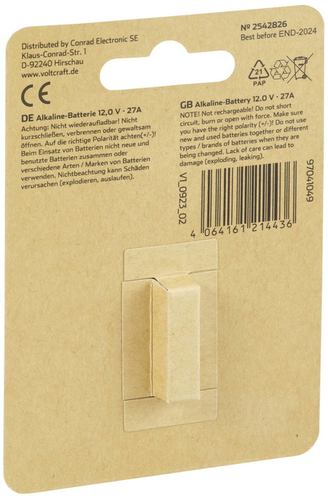 VOLTCRAFT Speciális elem 27 A Alkáli mangán 12 V 20 mAh 1 db 3. kép