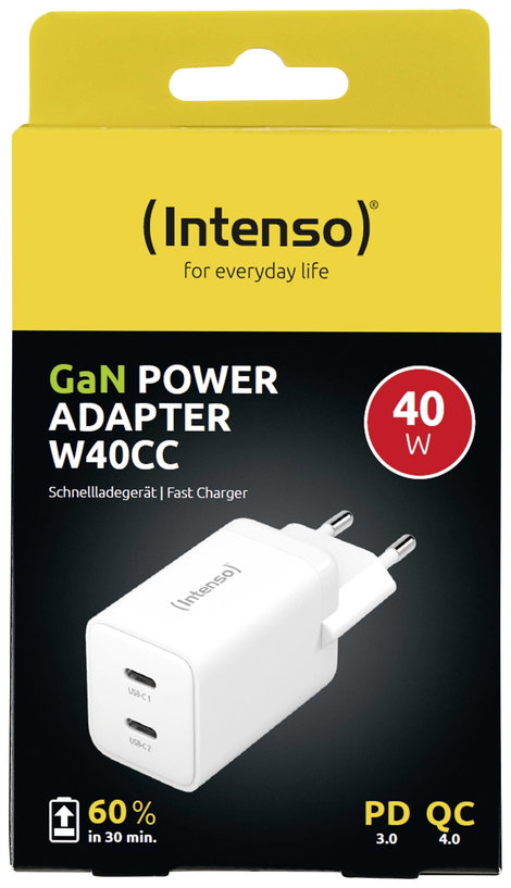 Intenso W40CC GaN USB-s töltőkészülék 40 W Beltér Kimeneti áram (max.) 3 A Kimenetek száma: 2 x USB- 2. kép