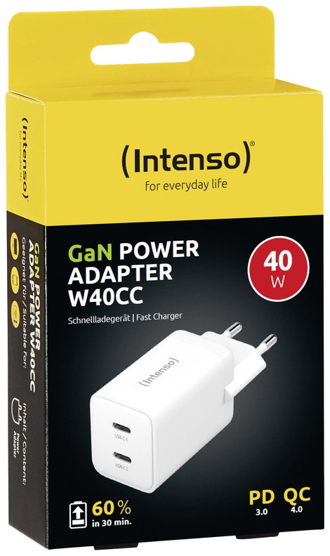Intenso W40CC GaN USB-s töltőkészülék 40 W Beltér Kimeneti áram (max.) 3 A Kimenetek száma: 2 x USB- 3. kép