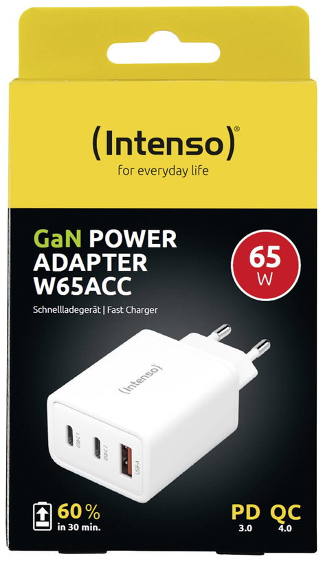 Intenso W65ACC GaN USB-s töltőkészülék 65 W Beltér Kimeneti áram (max.) 3.25 A Kimenetek száma: 3 x 2. kép