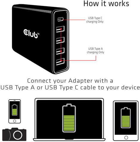 club3D Club 3D USB-s töltőállomás Aljzat dugó USB-C® alj, USB 2.0 alj, A típus 8. kép