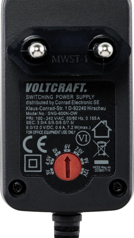 Állítható dugasztápegység nyílt kábelvéggel 0,6 A 7,2 W 3 - 12 VDC, VOLTCRAFT SNG-600N-OW 4. kép