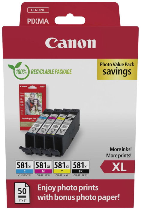 Canon Tinta CLI-581XL C/M/Y/BK Photo Value Pack Eredeti Kombinált csomag Fekete, Cián, Bíbor, Sárga