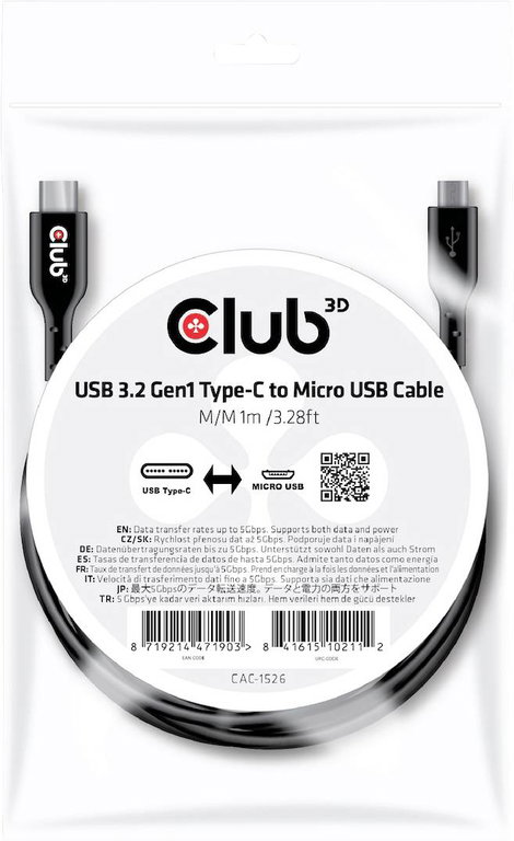 club3D USB kábel USB 3.2 Gen1 (USB 3.0 / USB 3.1 Gen1) USB-C® dugó, USB mikro B dugó 1.00 m Fekete C 2. kép