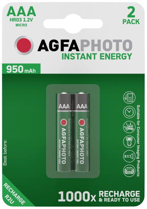 Mikroceruza akku AAA NiMH, 1,2V 950 mAh, 2 db, AgfaPhoto HR3, HR03, UO100557, DC2400, DC2400B4N, LR0