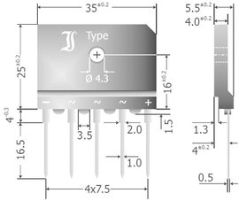 3 fázisú híd egyenirányító, névleges áram: 25 A , U(RRM) 1200 V, Diotec DBI25-12A