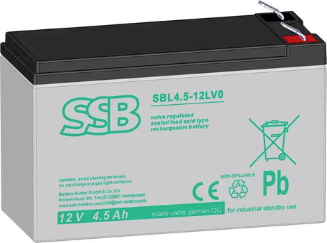 SSB Electronic SBL4.5-12LV0 Ólomakku 12 V 4.5 Ah Ólom-vlies (AGM) (Sz x Ma x Mé) 38 x 100 x 140 mm