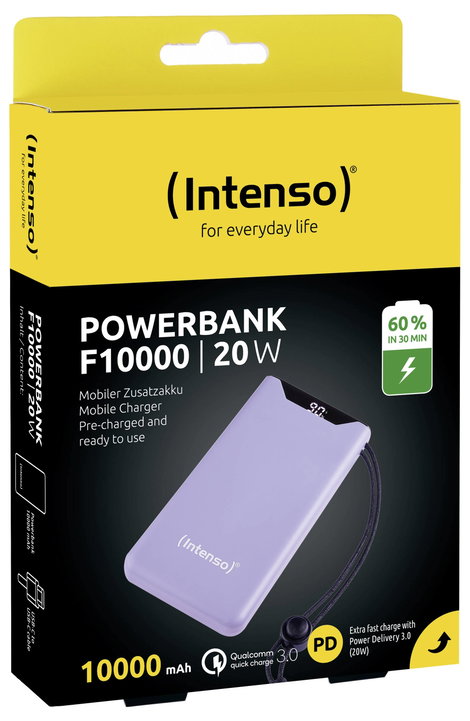 Intenso F10000 Powerbank 10000 mAh Quick Charge, Power Delivery LiPo USB-A, USB-C® Lila állapotjelző 4. kép