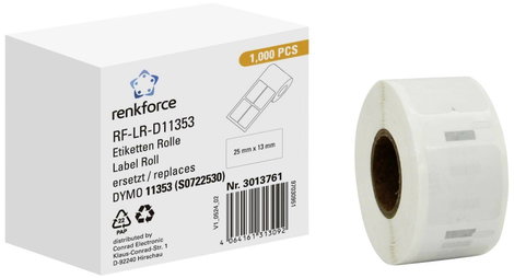 Renkforce Etikett tekercs Kompatibilis helyettesíti DYMO DYMO 11353, S0722530 25 x 13 mm Papír Fehér