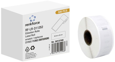 Renkforce Etikett tekercs Kompatibilis helyettesíti DYMO DYMO 11352 54 x 25 mm Papír Fehér 500 db Vé