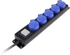 Kapcsolós hálózati elosztó, 5 részes, 1,5 m, IP44, fekete/kék, H07RN-F 3G 1,5 mm², AS Schwabe 38609