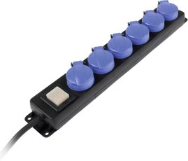 Kapcsolós hálózati elosztó, 6 részes, 1,5 m, IP44, fekete/kék, H07RN-F 3G 1,5 mm², AS Schwabe 38606