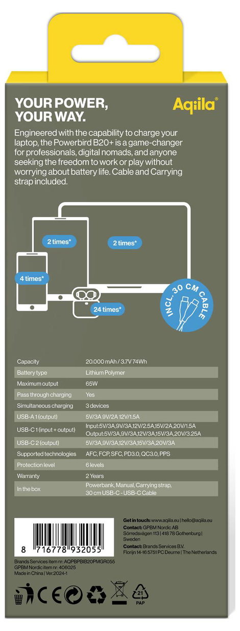 Aqiila B20+B Powerbank 20000 mAh LiPo USB-A, USB-C® Fekete 3. kép