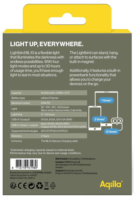 Aqiila AQPBPBIBL1SG980 Lightbird BL10 LED Kemping lámpa 300 lm Akkuról üzemeltetett 278 g 3. kép