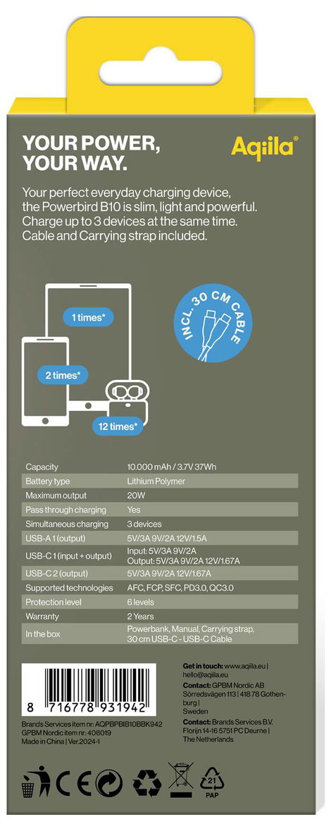 Aqiila Powerbird B10B Powerbank 10000 mAh LiPo USB-A, USB-C® Fekete 3. kép