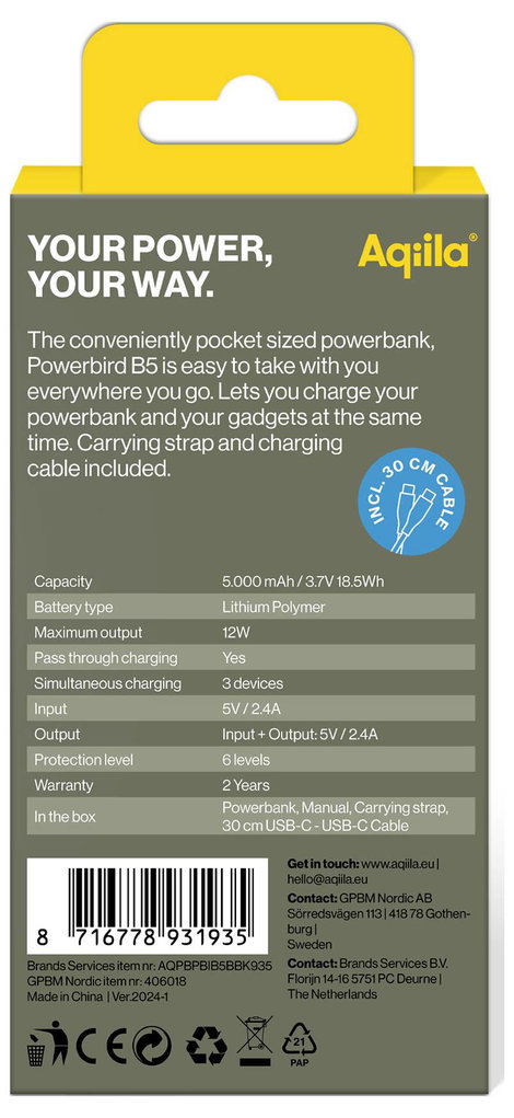 Aqiila Powerbird B5B Powerbank 5000 mAh LiPo USB-A, USB-C® Fekete 3. kép