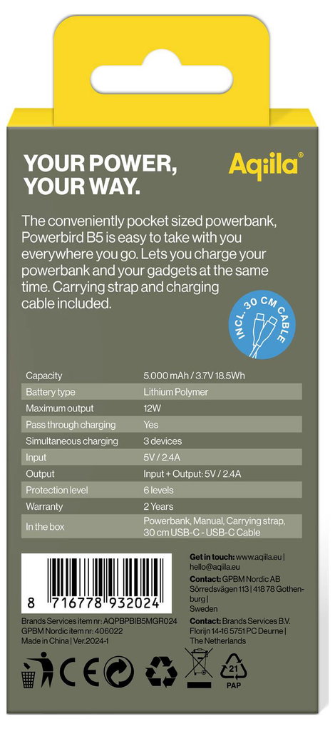 Aqiila Powerbird B5M Powerbank 5000 mAh LiPo USB-A, USB-C® Mohazöld 3. kép