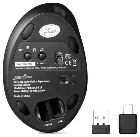 Perixx PERIMICE-819 Ergonomikus egér Bluetooth™, Rádiójel vezérlésű Optikai Fekete Újratölthető 5. kép