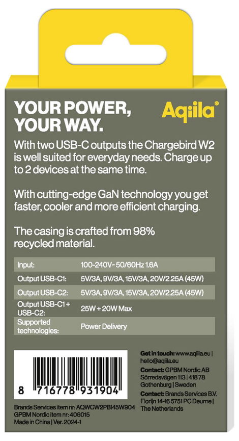 Aqiila W2 USB-s töltőkészülék 45 W Beltér, Aljzat dugó Kimeneti áram (max.) 3 A USB-C® Kimenetek szá 3. kép
