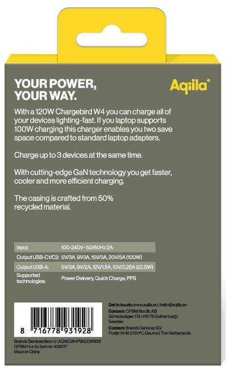 Aqiila W4 USB-s töltőkészülék 120 W Beltér, Aljzat dugó Kimeneti áram (max.) 3 A USB-A, USB-C® Kimen 3. kép