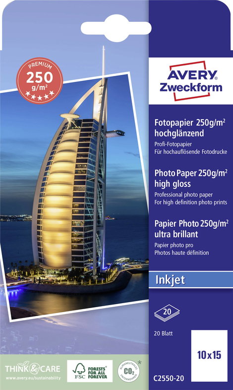 Avery-Zweckform Premium C2550-20 Fénykép papír 10 x 15 cm 250 g/m² 20 lap Magasfényű