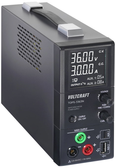 VOLTCRAFT TOPS-3363N Labortápegység, szabályozható 0.8 - 36 V/DC 0.1 - 3 A 100 W Kimenetek száma 3 x 2. kép