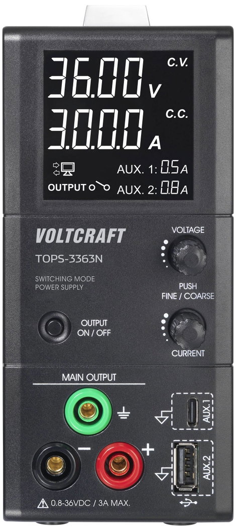VOLTCRAFT TOPS-3363N Labortápegység, szabályozható 0.8 - 36 V/DC 0.1 - 3 A 100 W Kimenetek száma 3 x 3. kép