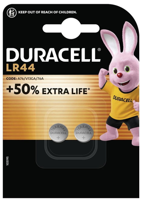 LR44 gombelem, alkáli mangán, 1,5V, 105 mAh, 2 db, Duracell AG13, V13GA, G13A, 13GA, PX76A, PX675A,