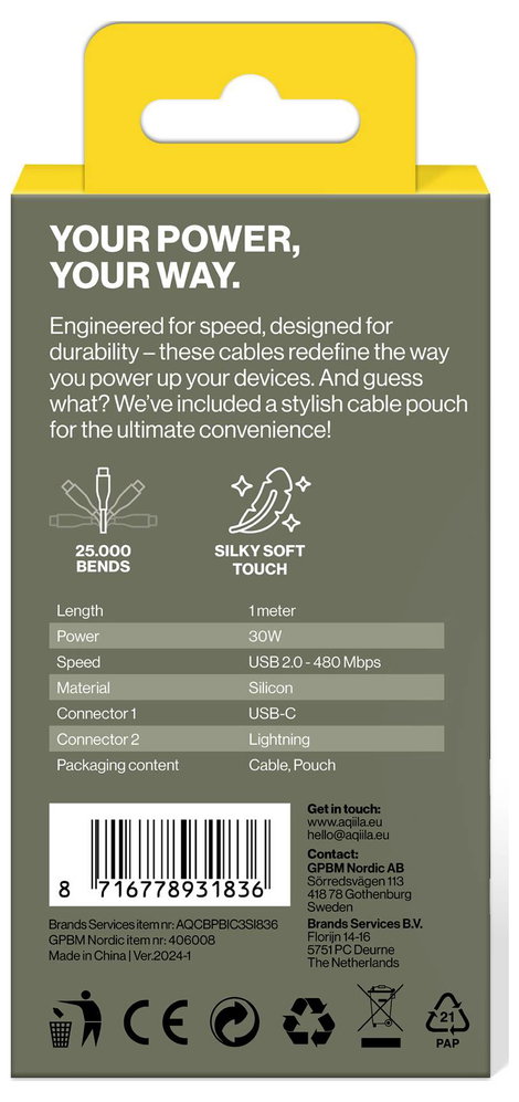 Aqiila USB C kábel USB 2.0 Apple Lightning dugó 1 m Fehér AQCBPBIC3SI836 3. kép