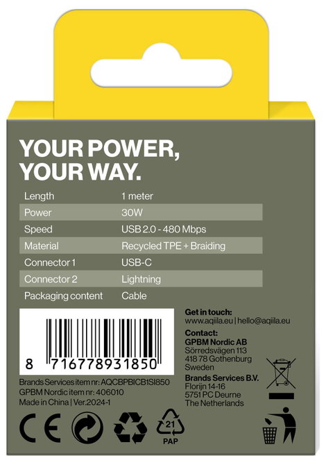 Aqiila USB C kábel USB 2.0 Apple Lightning dugó 1 m Fekete AQCBPBICB1BD850 2. kép