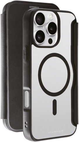 Vivanco MAG PREMIUM Booklet Apple iPhone 16 Pro Max Fekete Induktív töltés, Homoktömör, Fröccsenő ví