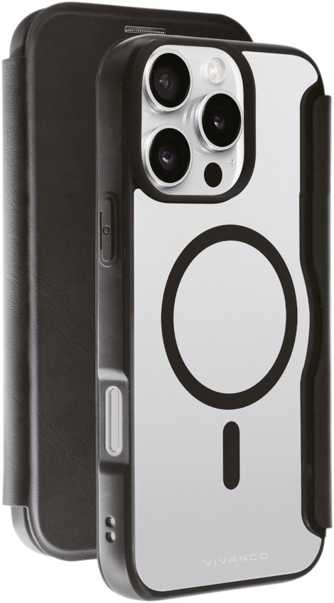 Vivanco MAG PREMIUM Booklet Apple iPhone 16 Pro Max Fekete Induktív töltés, Homoktömör, Fröccsenő ví