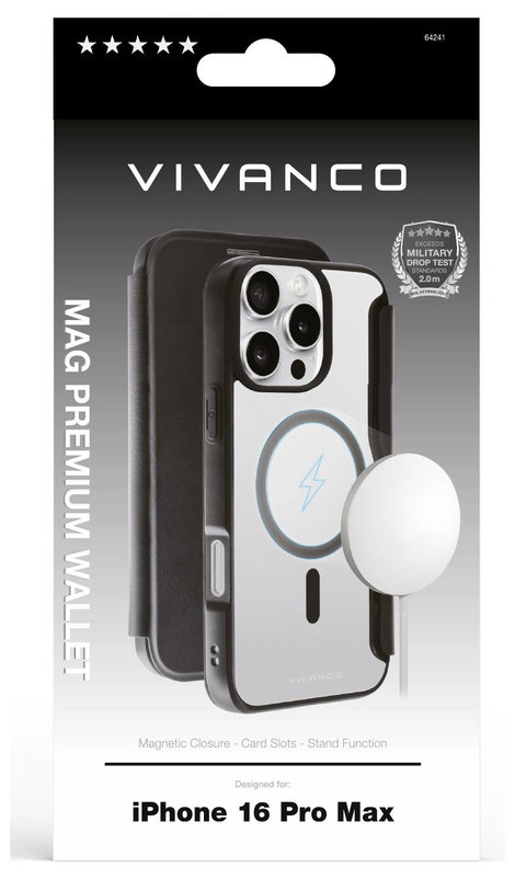 Vivanco MAG PREMIUM Booklet Apple iPhone 16 Pro Max Fekete Induktív töltés, Homoktömör, Fröccsenő ví 3. kép