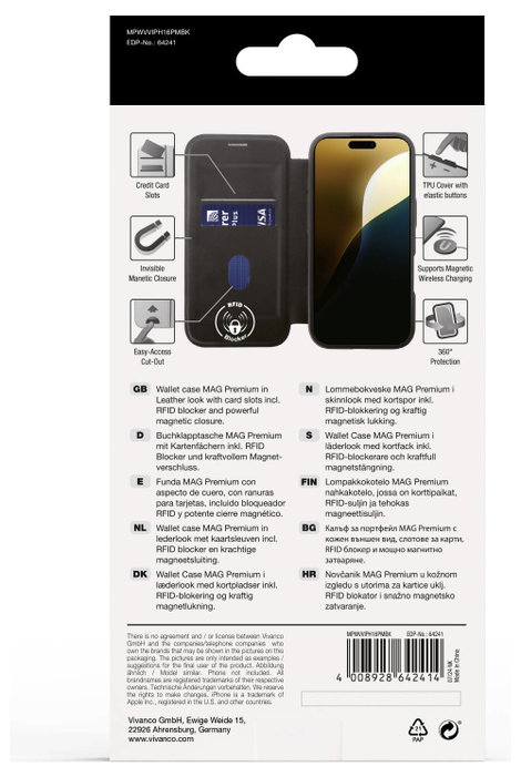Vivanco MAG PREMIUM Booklet Apple iPhone 16 Pro Max Fekete Induktív töltés, Homoktömör, Fröccsenő ví 4. kép