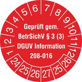 SafetyMarking 30.C2170.24-29 Ellenőrző plakett Geprüft gem. BetrSichV §3 (3), DGUV Information 208-0