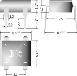 Szilícium hídegyenirányító, ház típus: DIL (7,5 x 5,1 mm Raster), névleges áram 1 A, U(RRM) 1000 V, 